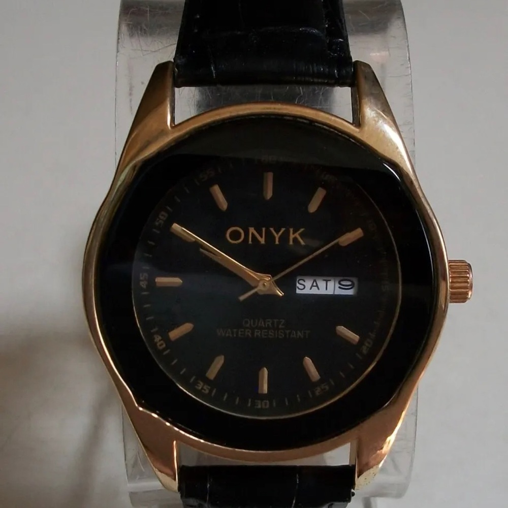 Men's ONYK Black Leather Band Day & Date Fashion Dressy/Casual Watch